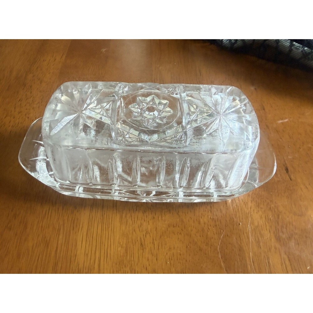 Vintage Anchor Hocking EAPC Star of David Glass Butter Dish Covered Lid 1/4 lb